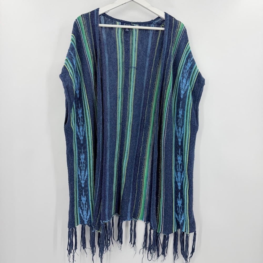 Chaps Women Fringe Poncho Sweater Vest Large Blue Green Southwestern Boho Hippie